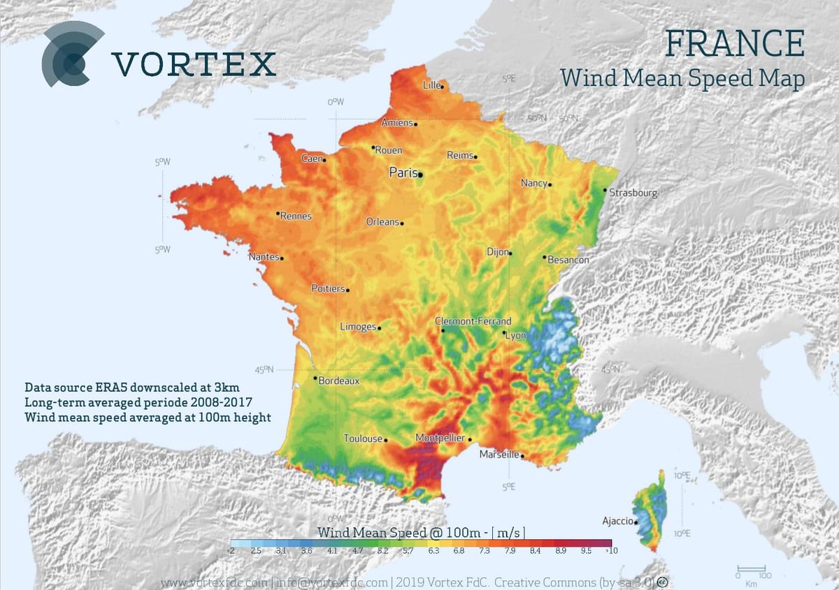mapa de Francia viento