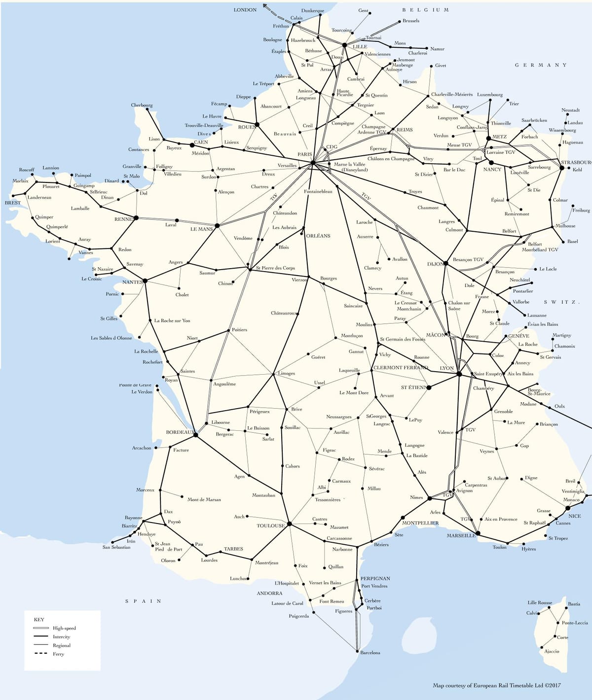 mapa de líneas de tren en Francia