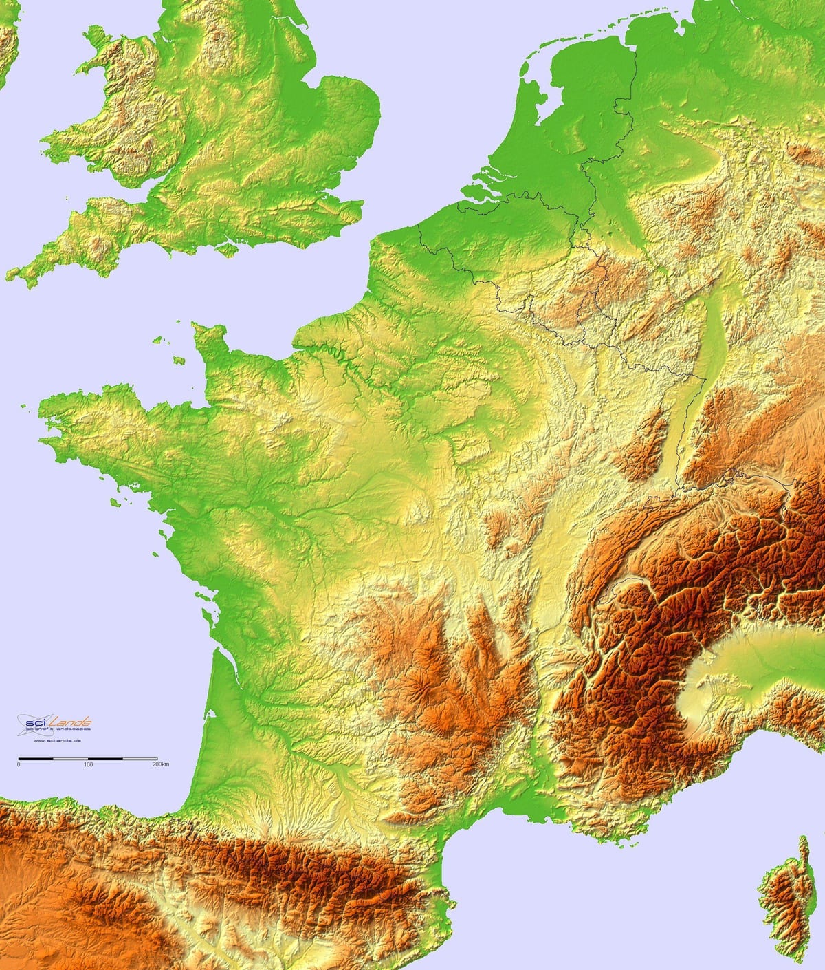 el mapa topográfico de Francia