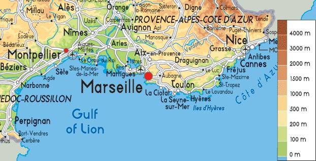 mapa de Francia de la costa sur