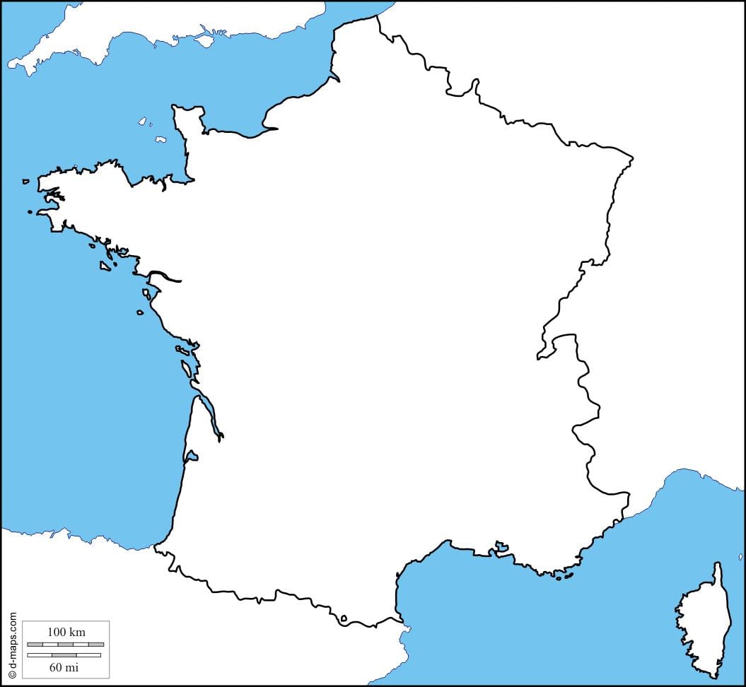 mapa físico de Francia en blanco